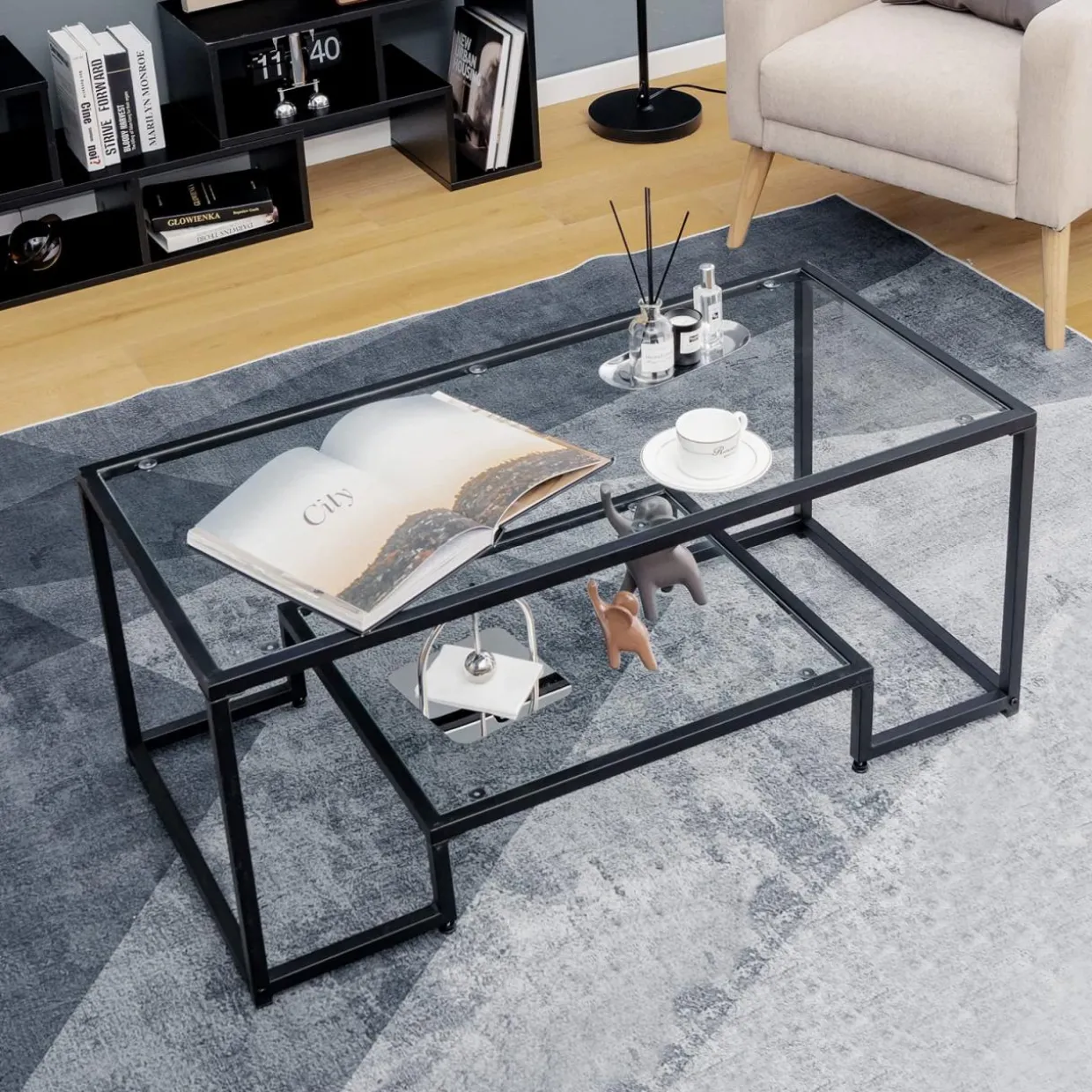 Tangkula Tempered Glass Coffee Table, 42 Inch Wide Rectangular Coffee Table