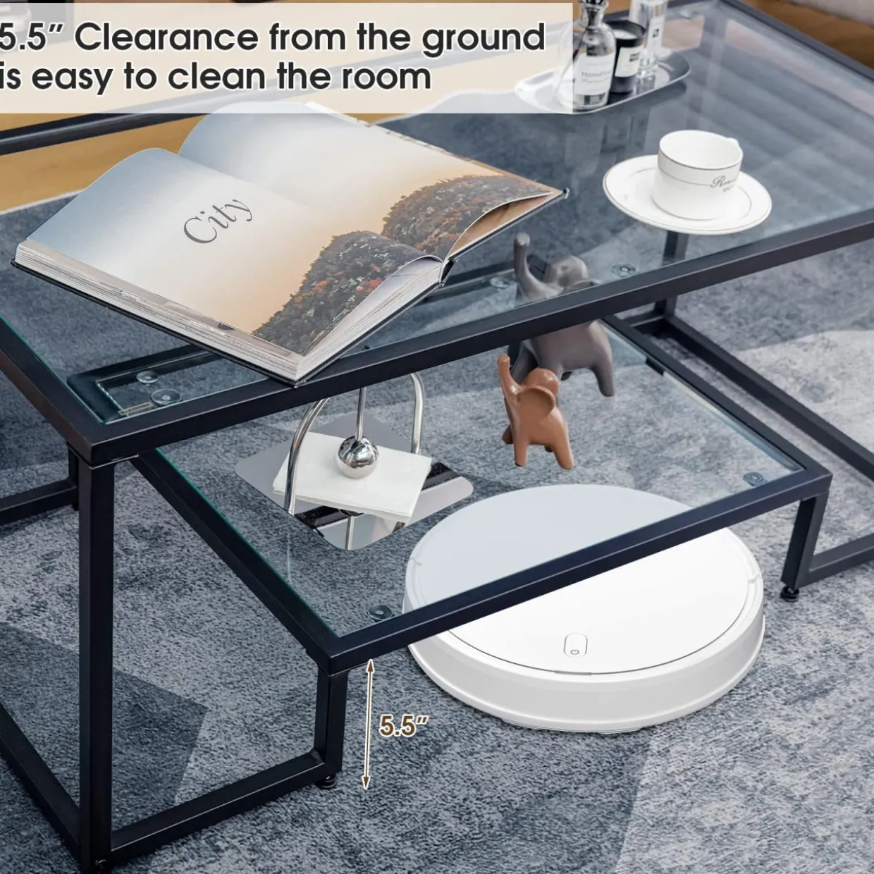 Tangkula Tempered Glass Coffee Table, 42 Inch Wide Rectangular Coffee Table