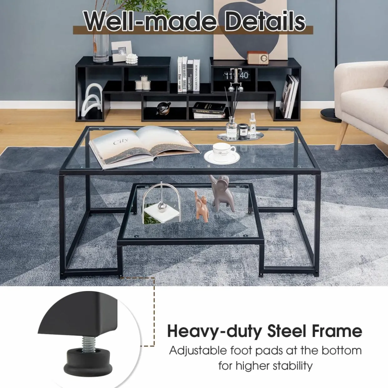 Tangkula Tempered Glass Coffee Table, 42 Inch Wide Rectangular Coffee Table