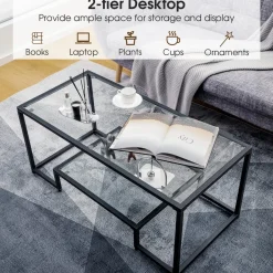 Tangkula Tempered Glass Coffee Table, 42 Inch Wide Rectangular Coffee Table
