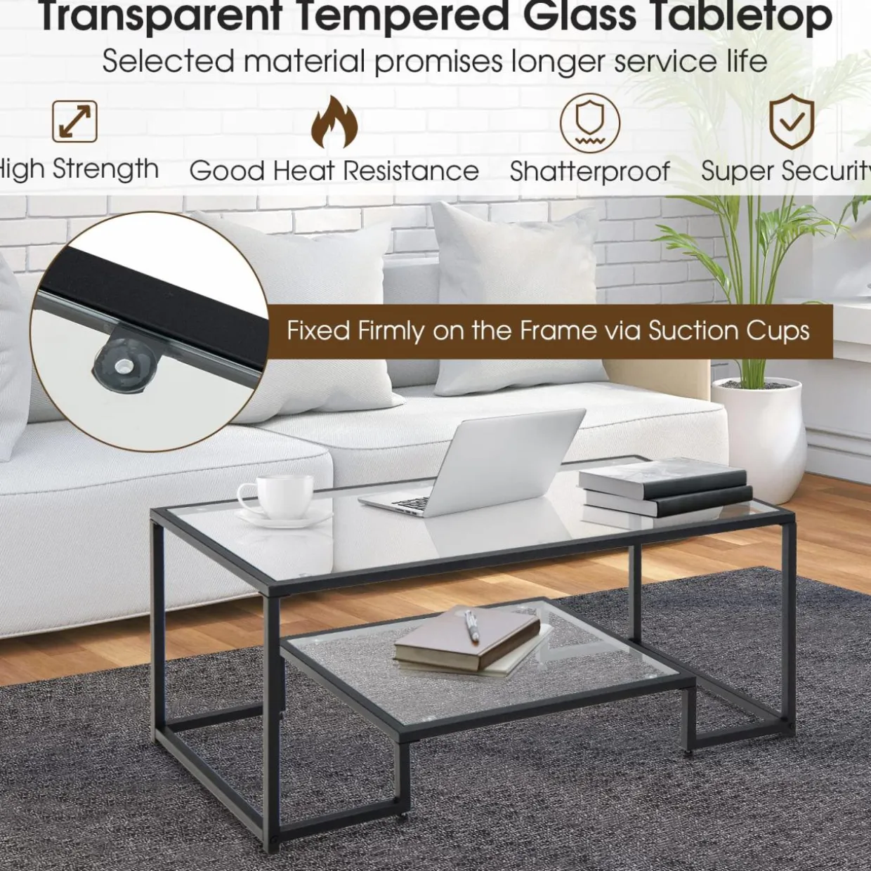 Tangkula Tempered Glass Coffee Table, 42 Inch Wide Rectangular Coffee Table