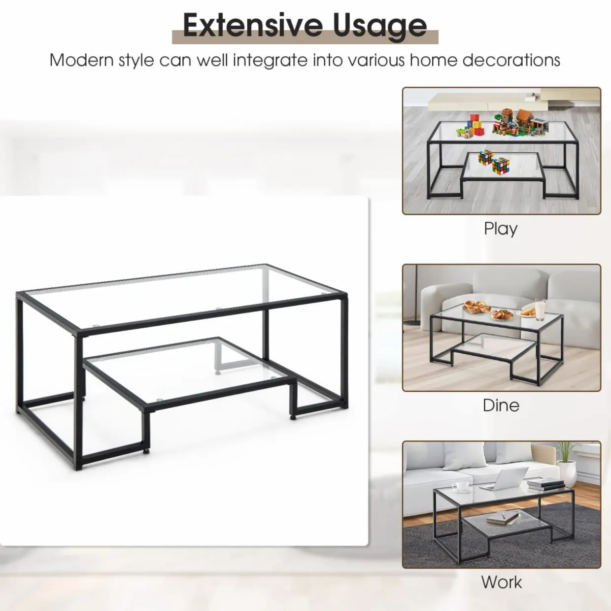 Tangkula Tempered Glass Coffee Table, 42 Inch Wide Rectangular Coffee Table