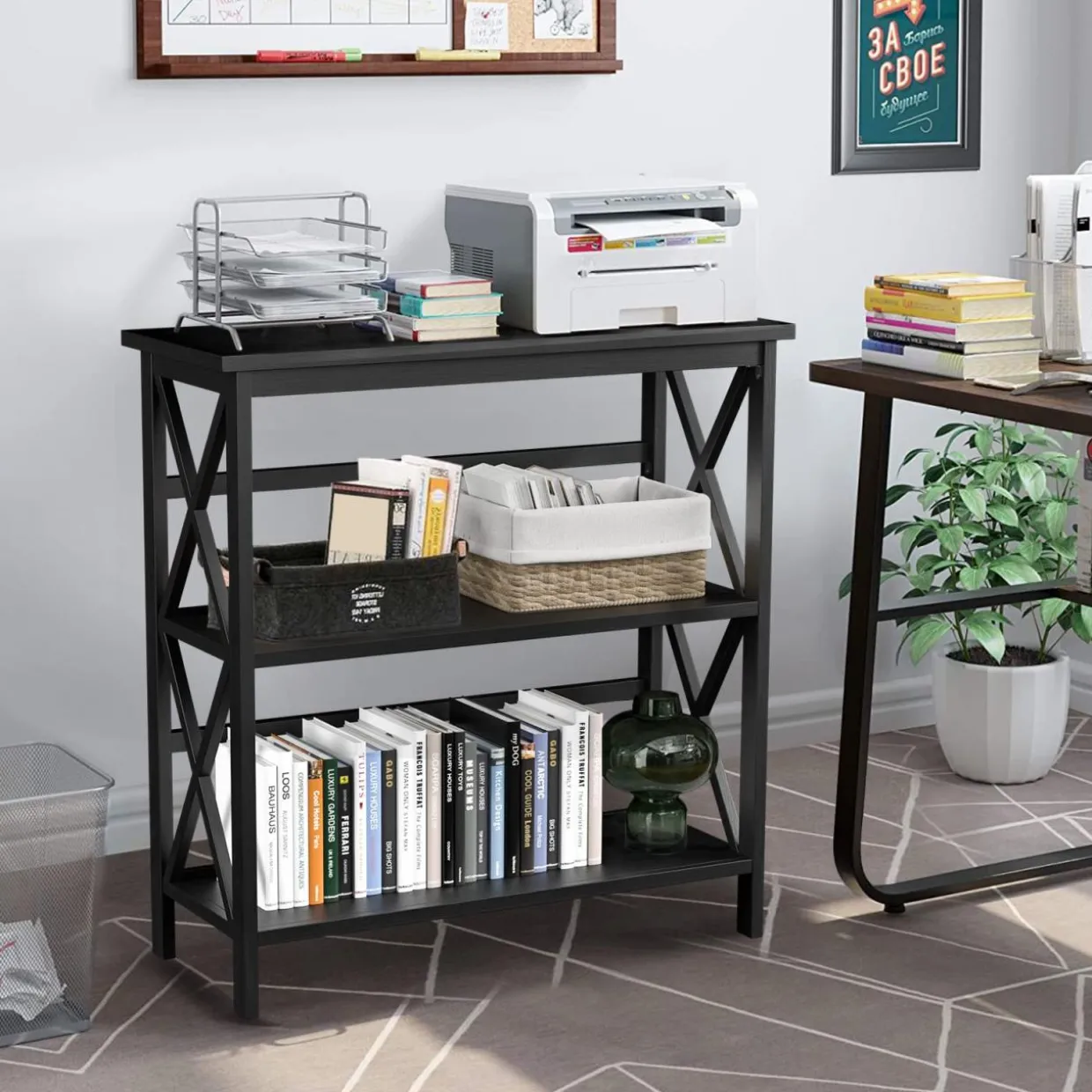 Tangkula 3-Tier Bookcase and Bookshelf, Wooden Open Shelf Bookcase, X-Design Etagere Bookshelf for Home Living Room Office