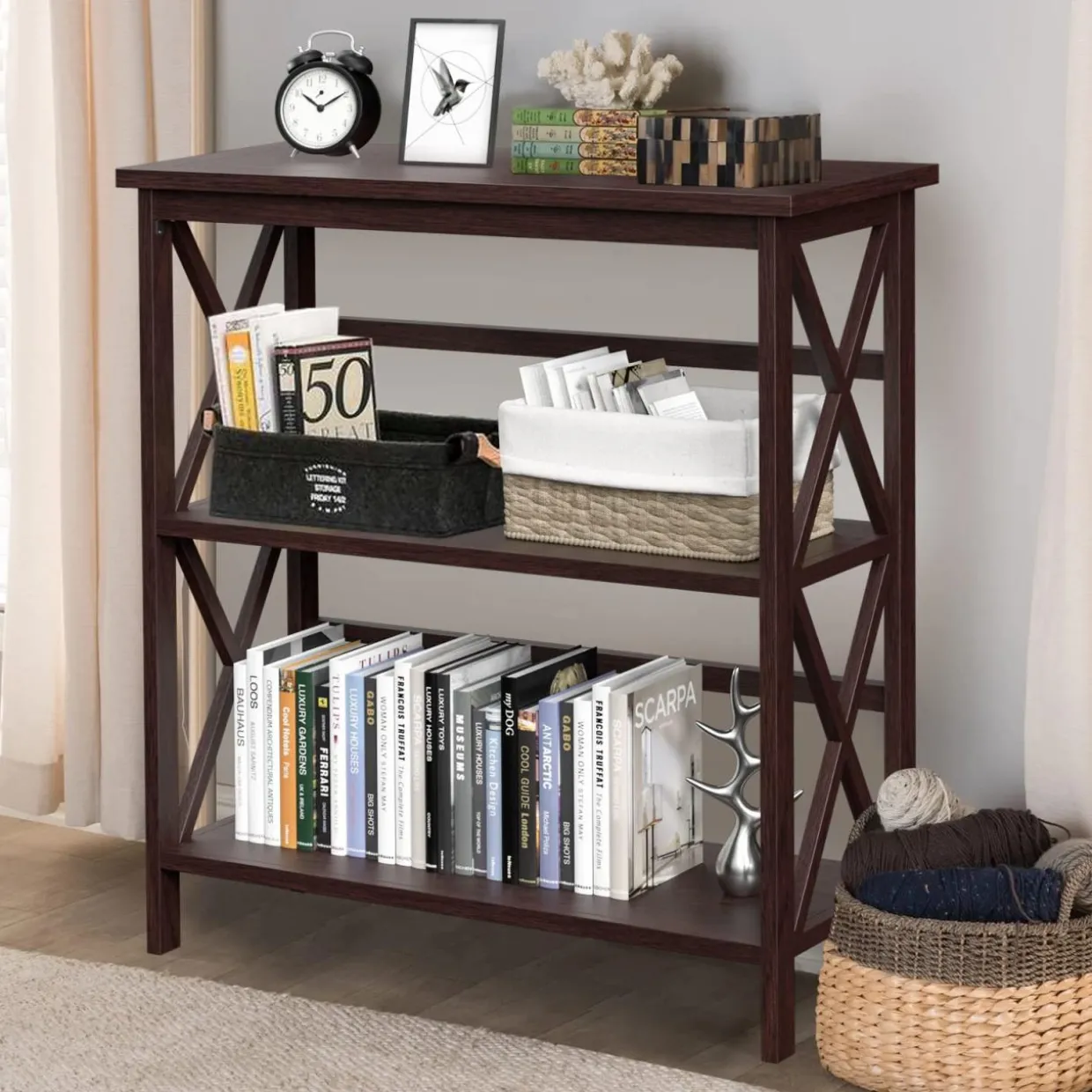 Tangkula 3-Tier Bookcase and Bookshelf, Wooden Open Shelf Bookcase, X-Design Etagere Bookshelf for Home Living Room Office