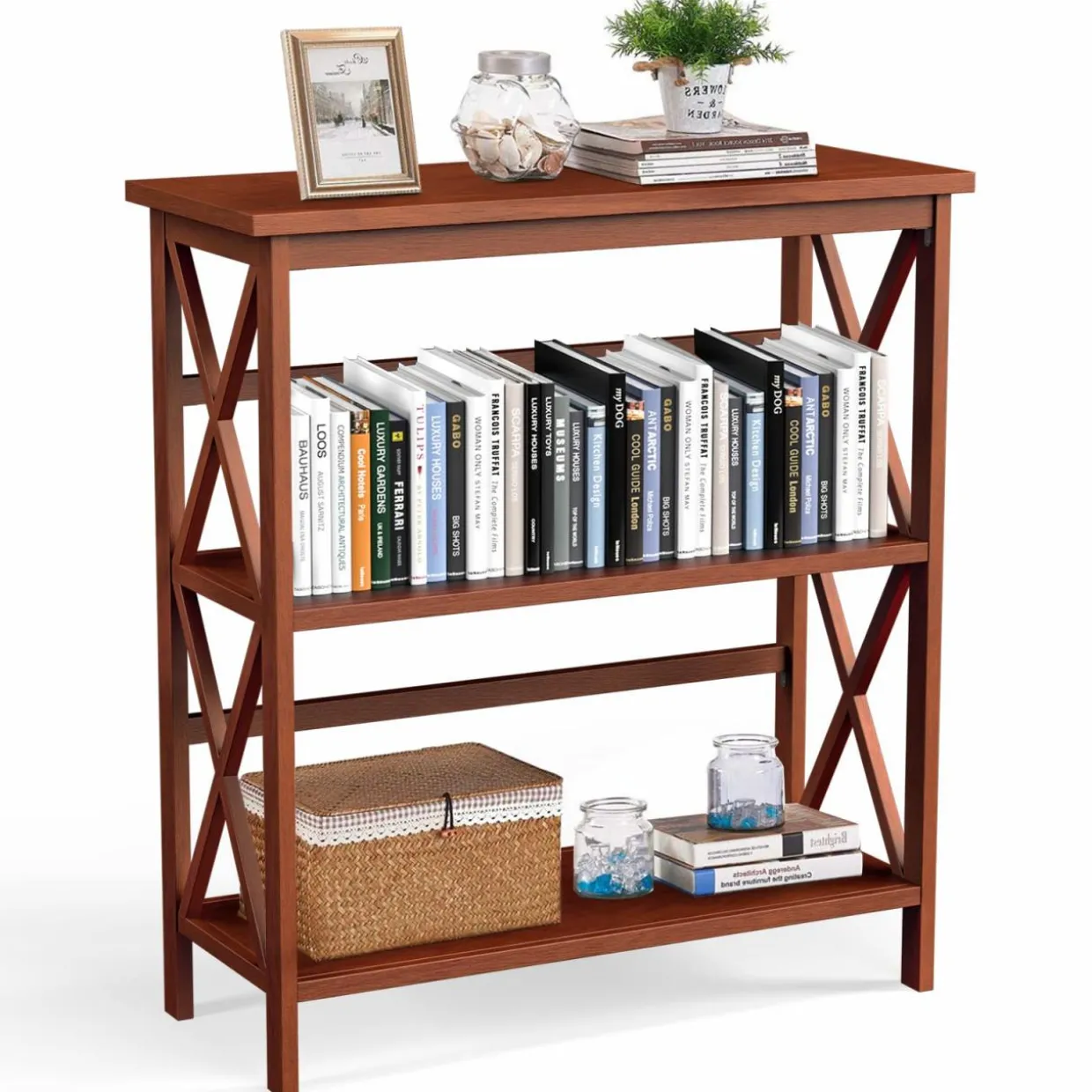 Tangkula 3-Tier Bookcase and Bookshelf, Wooden Open Shelf Bookcase, X-Design Etagere Bookshelf for Home Living Room Office