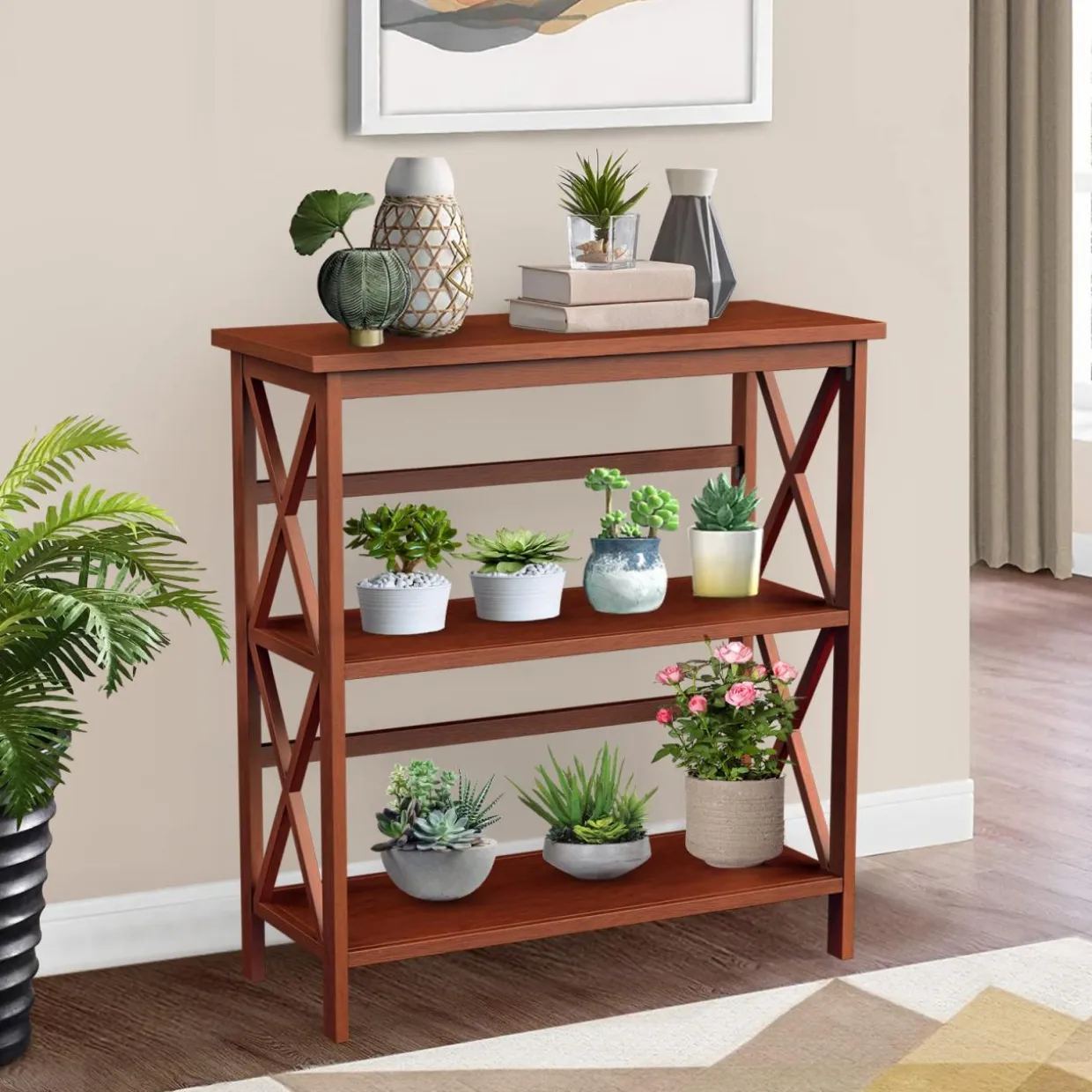 Tangkula 3-Tier Bookcase and Bookshelf, Wooden Open Shelf Bookcase, X-Design Etagere Bookshelf for Home Living Room Office