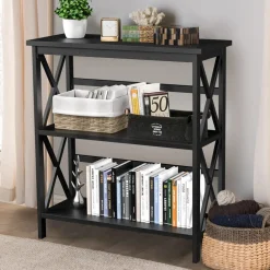 Tangkula 3-Tier Bookcase and Bookshelf, Wooden Open Shelf Bookcase, X-Design Etagere Bookshelf for Home Living Room Office