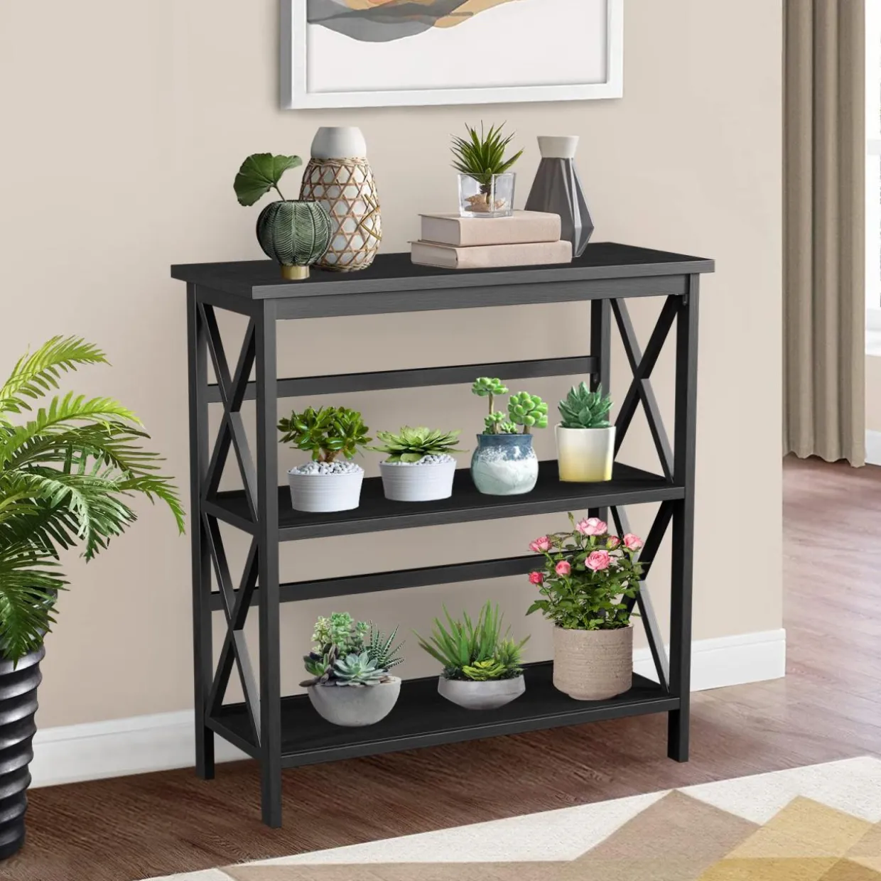Tangkula 3-Tier Bookcase and Bookshelf, Wooden Open Shelf Bookcase, X-Design Etagere Bookshelf for Home Living Room Office