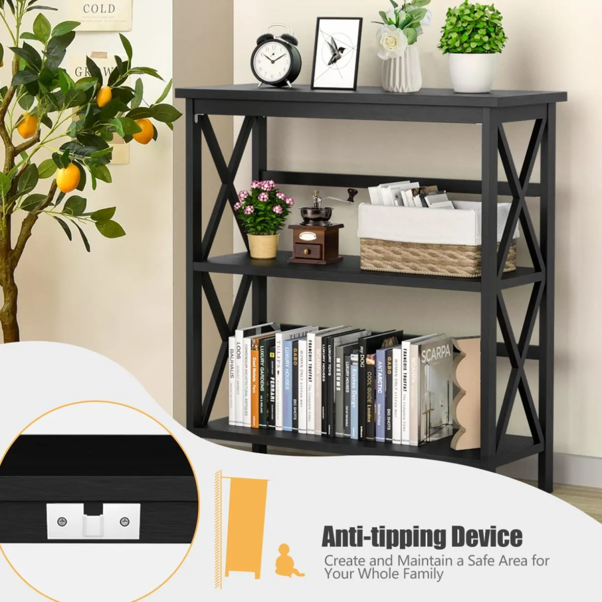 Tangkula 3-Tier Bookcase and Bookshelf, Wooden Open Shelf Bookcase, X-Design Etagere Bookshelf for Home Living Room Office