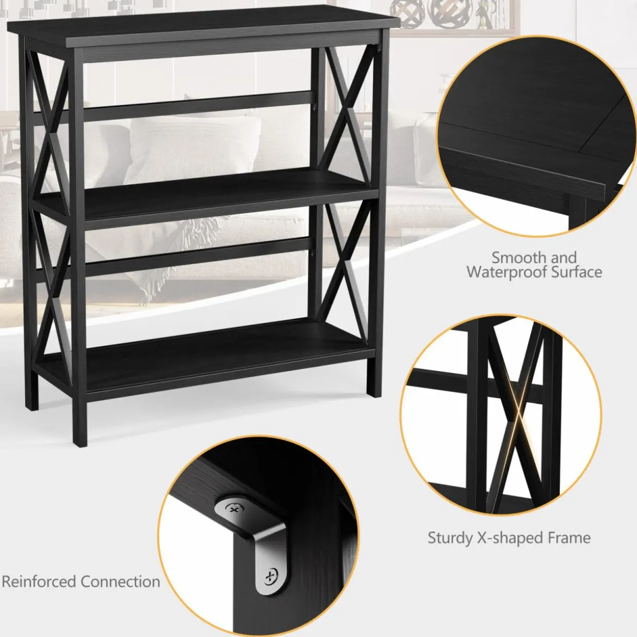 Tangkula 3-Tier Bookcase and Bookshelf, Wooden Open Shelf Bookcase, X-Design Etagere Bookshelf for Home Living Room Office