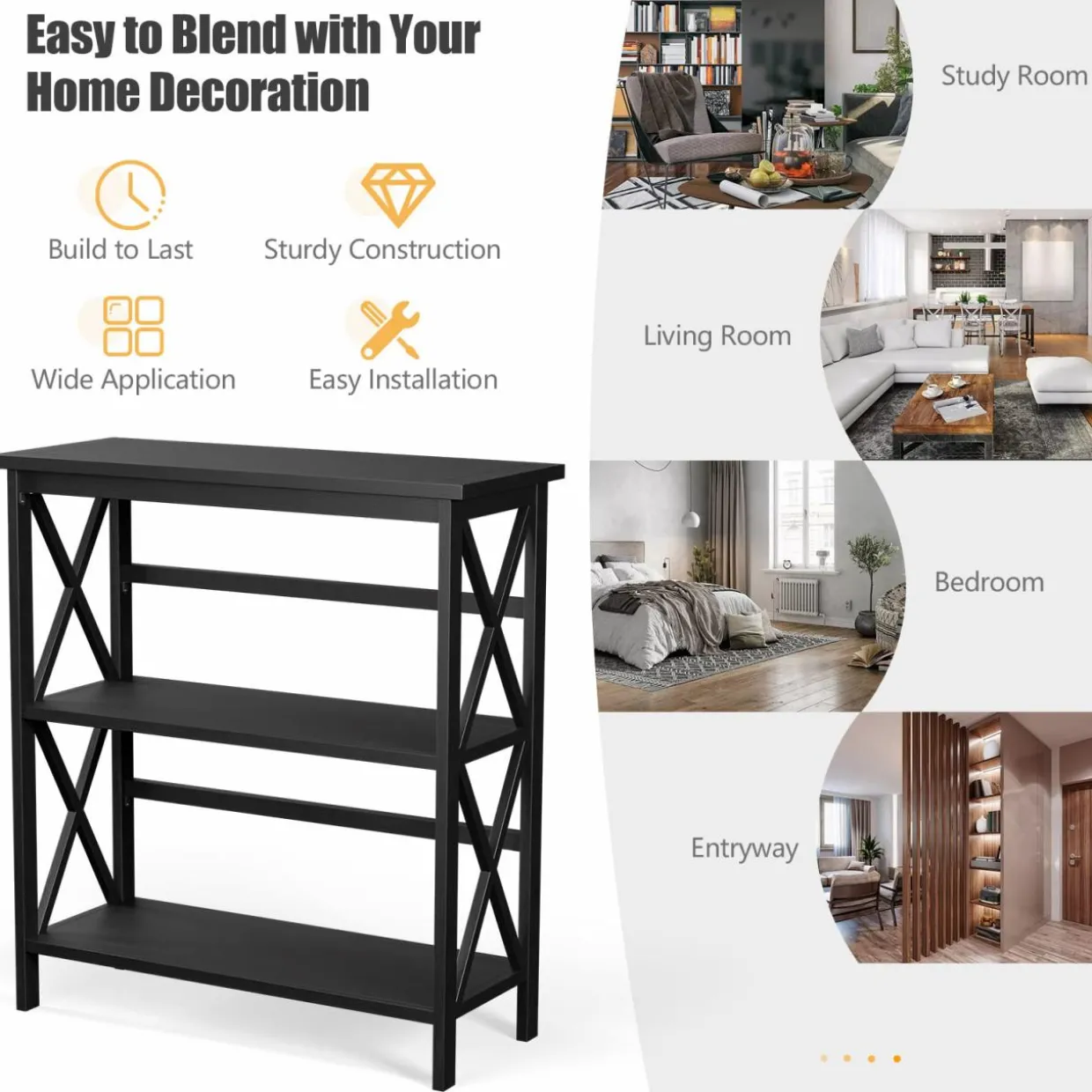 Tangkula 3-Tier Bookcase and Bookshelf, Wooden Open Shelf Bookcase, X-Design Etagere Bookshelf for Home Living Room Office