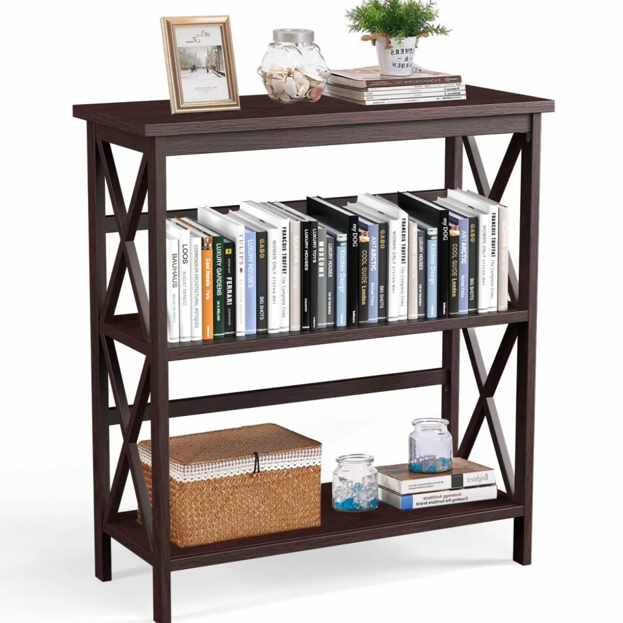Tangkula 3-Tier Bookcase and Bookshelf, Wooden Open Shelf Bookcase, X-Design Etagere Bookshelf for Home Living Room Office