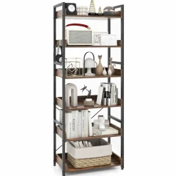 Tangkula 6-Tier Bookshelf, 70” Tall Industrial Bookcase w/Open Shelves & 4 Hooks
