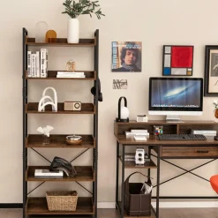 Tangkula 6-Tier Bookshelf, 70” Tall Industrial Bookcase w/Open Shelves & 4 Hooks