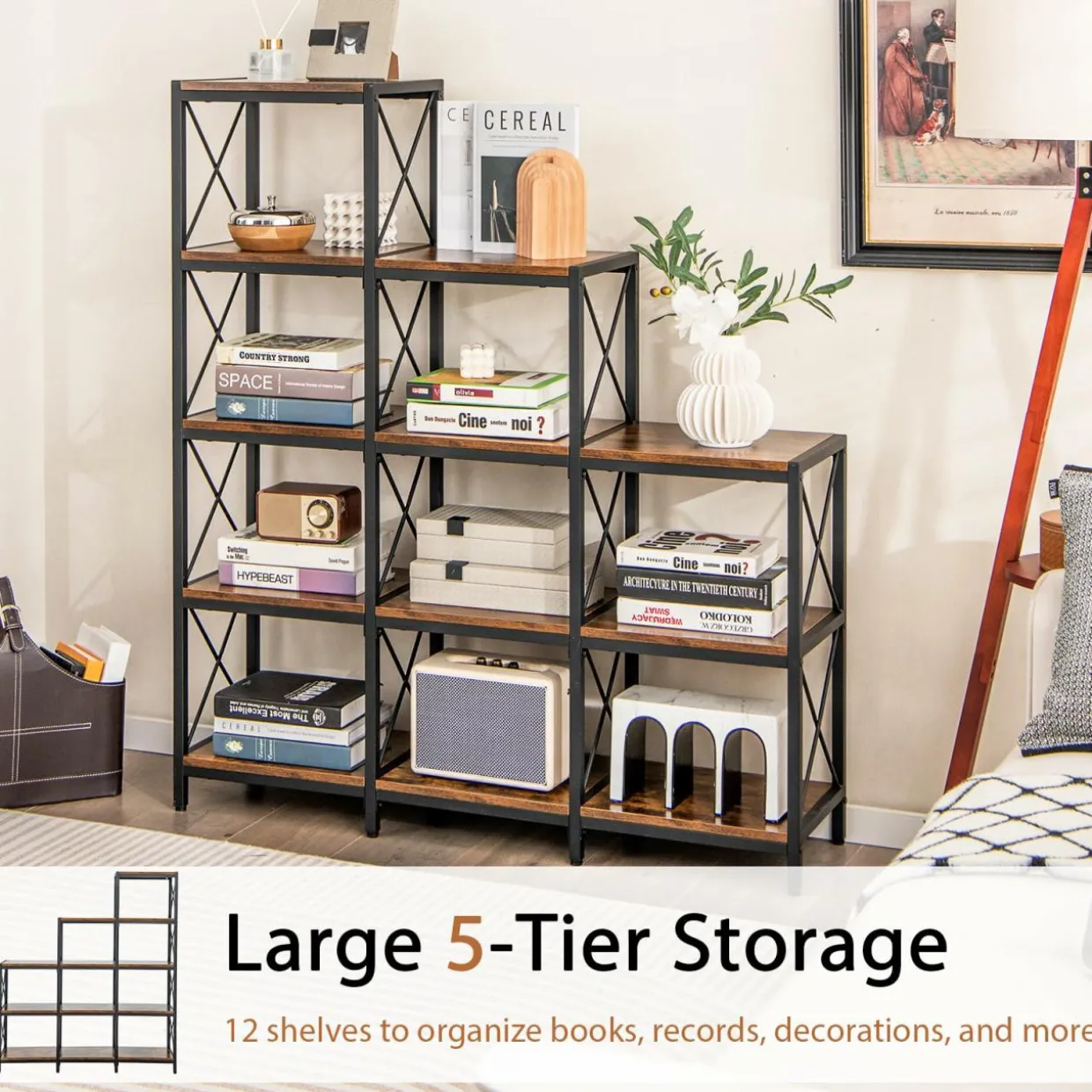 Tangkula 5-Tier Bookshelf, 12 Shelves Storage Organizer Display Shelf for Home Office Living Room
