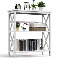 Tangkula 3-Tier Bookshelf, Vintage Wooden Bookcase with X-Style Frame