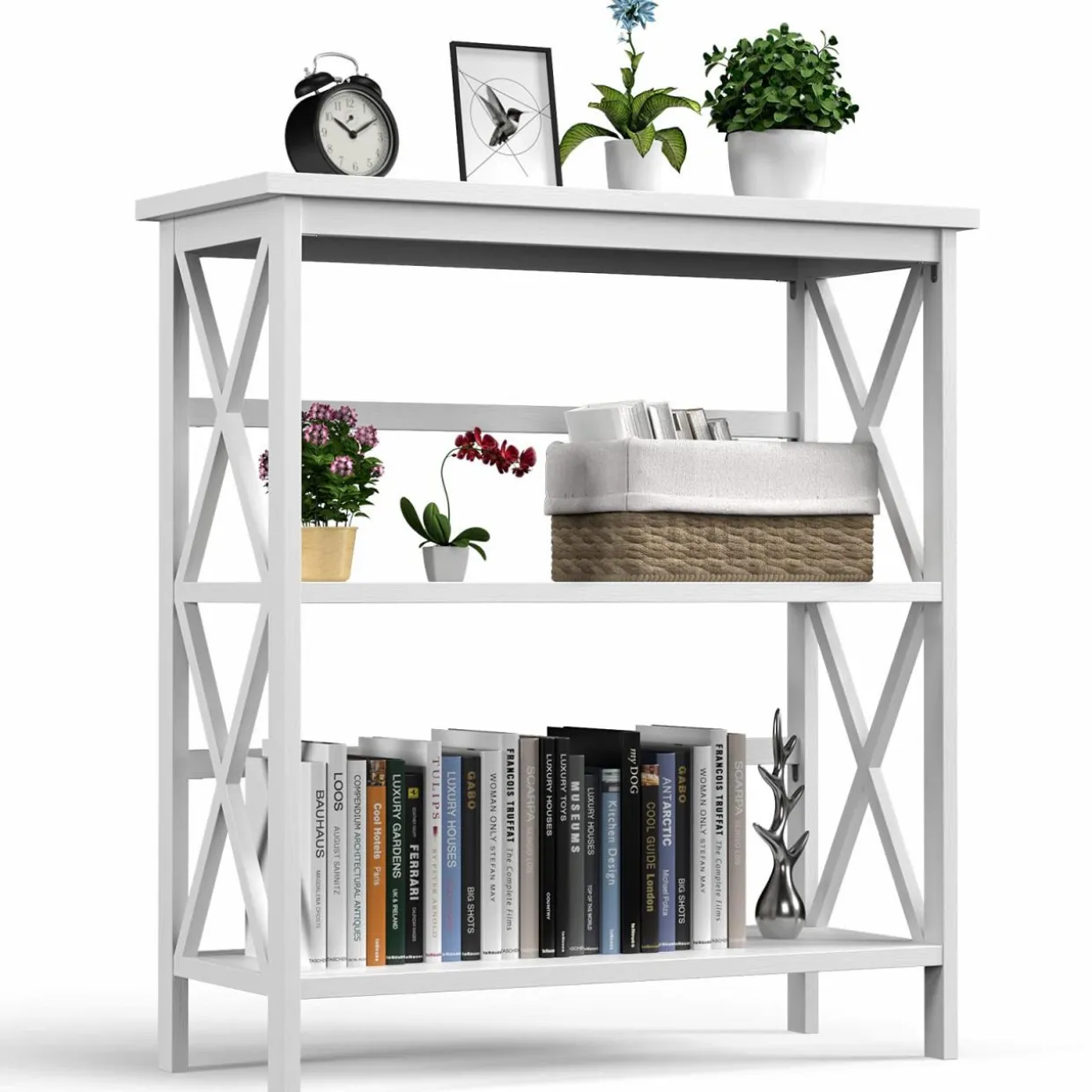 Tangkula 3-Tier Bookshelf, Vintage Wooden Bookcase with X-Style Frame
