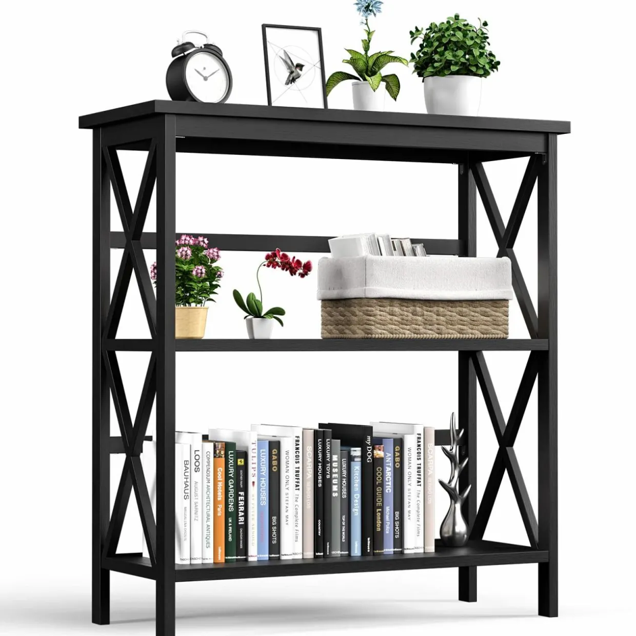 Tangkula 3-Tier Bookshelf, Vintage Wooden Bookcase with X-Style Frame
