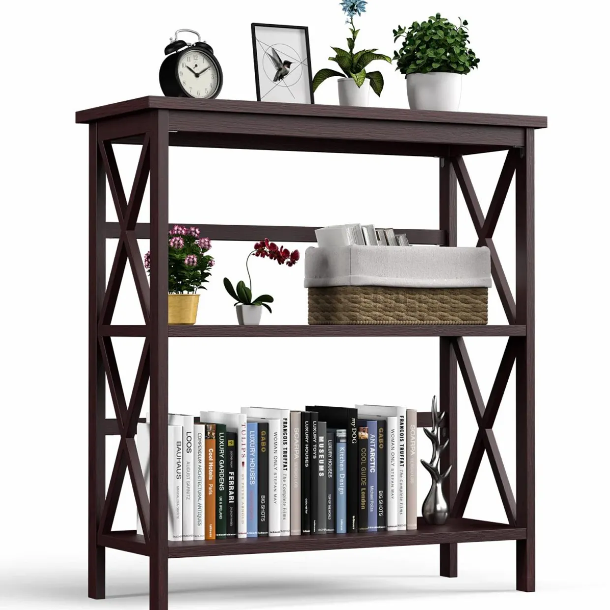 Tangkula 3-Tier Bookshelf, Vintage Wooden Bookcase with X-Style Frame