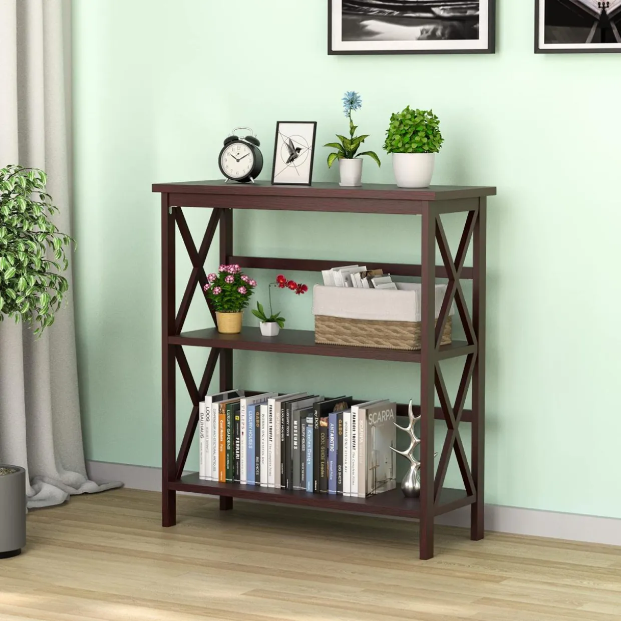 Tangkula 3-Tier Bookshelf, Vintage Wooden Bookcase with X-Style Frame