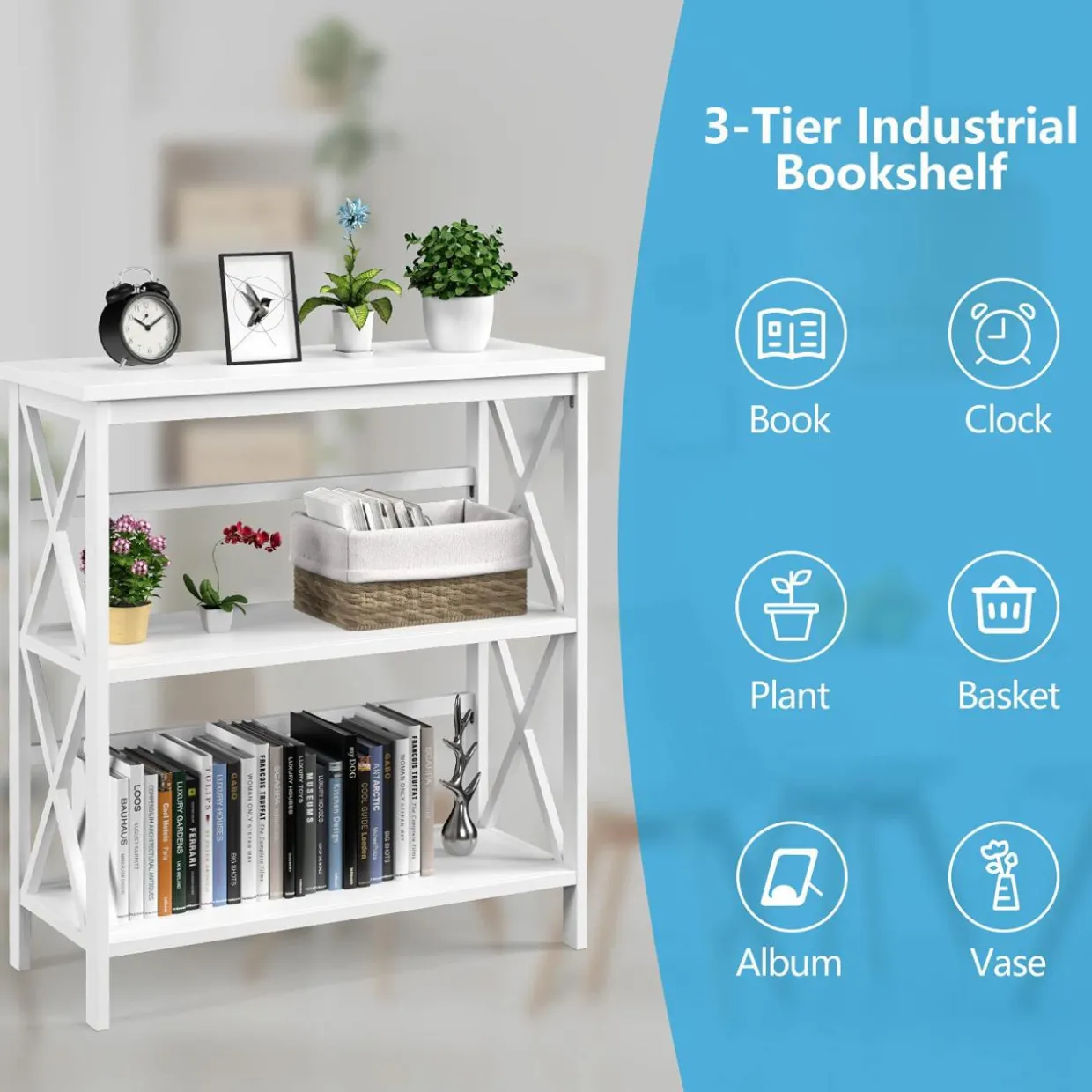 Tangkula 3-Tier Bookshelf, Vintage Wooden Bookcase with X-Style Frame