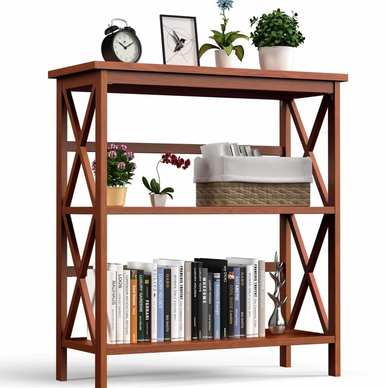 Tangkula 3-Tier Bookshelf, Vintage Wooden Bookcase with X-Style Frame
