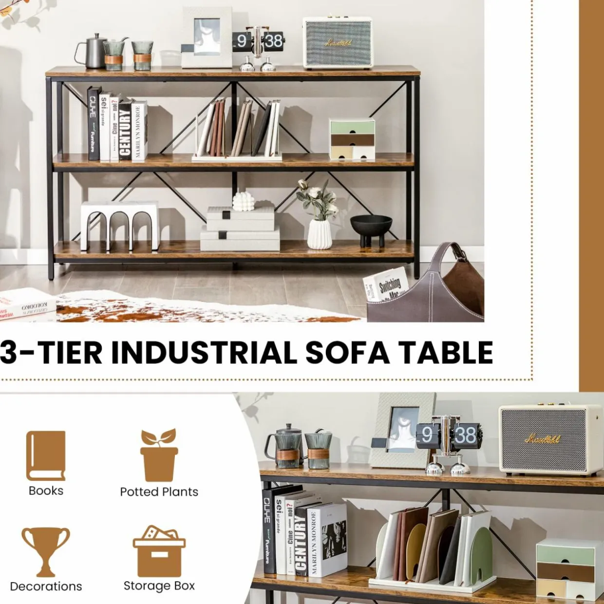 Tangkula 3-Tier Console Table, 55 Inch Long Sofa Table