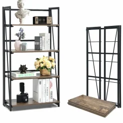 Tangkula 4-Tier Folding Bookshelf, No-Assembly Industrial Bookcase with Sturdy Iron Frame