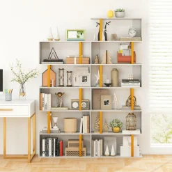 Tangkula 5-Tier Geometric Bookcase, 62-Inch S-Shaped Bookshelf with Metal Frame