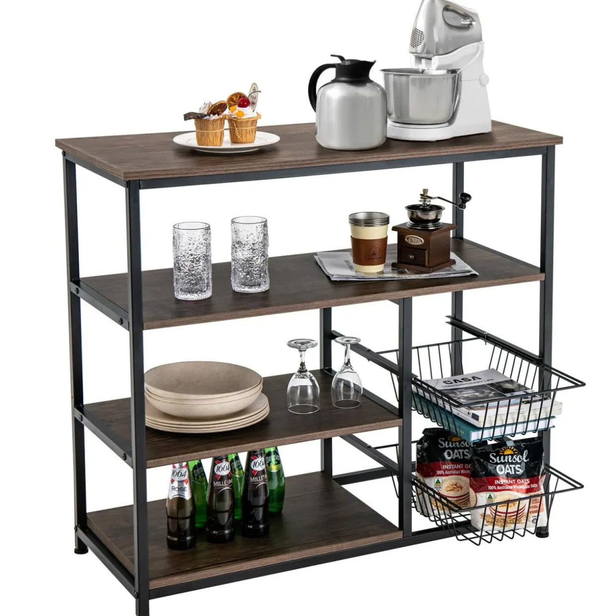 Tangkula 4-Tier Kitchen Baker's Rack, Industrial Microwave Oven Stand with Sliding Wire Basket
