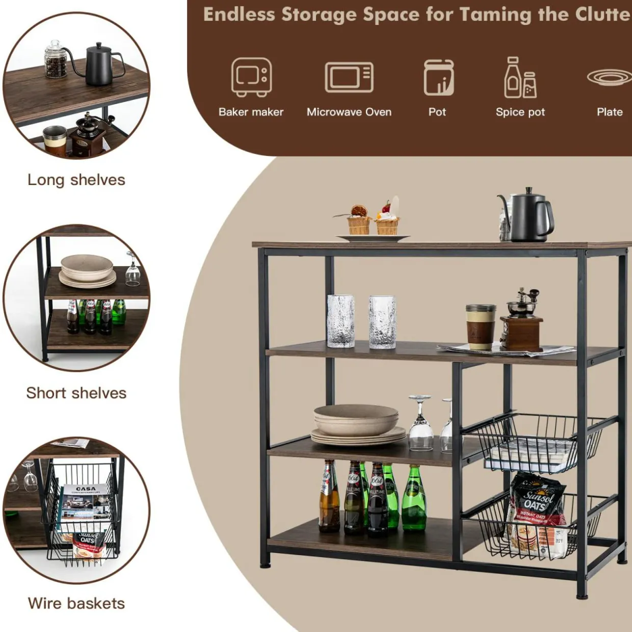 Tangkula 4-Tier Kitchen Baker's Rack, Industrial Microwave Oven Stand with Sliding Wire Basket