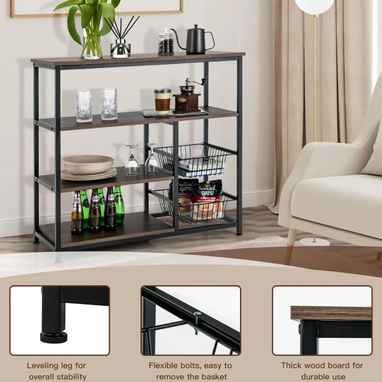 Tangkula 4-Tier Kitchen Baker's Rack, Industrial Microwave Oven Stand with Sliding Wire Basket