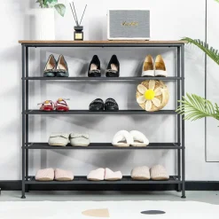 Tangkula 5-Tier Metal Shoe Rack, Freestanding Shoe Storage Organizer,  Rustic Brown