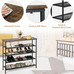 Tangkula 5-Tier Metal Shoe Rack, Freestanding Shoe Storage Organizer,  Rustic Brown