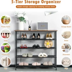 Tangkula 5-Tier Metal Shoe Rack, Freestanding Shoe Storage Organizer,  Rustic Brown