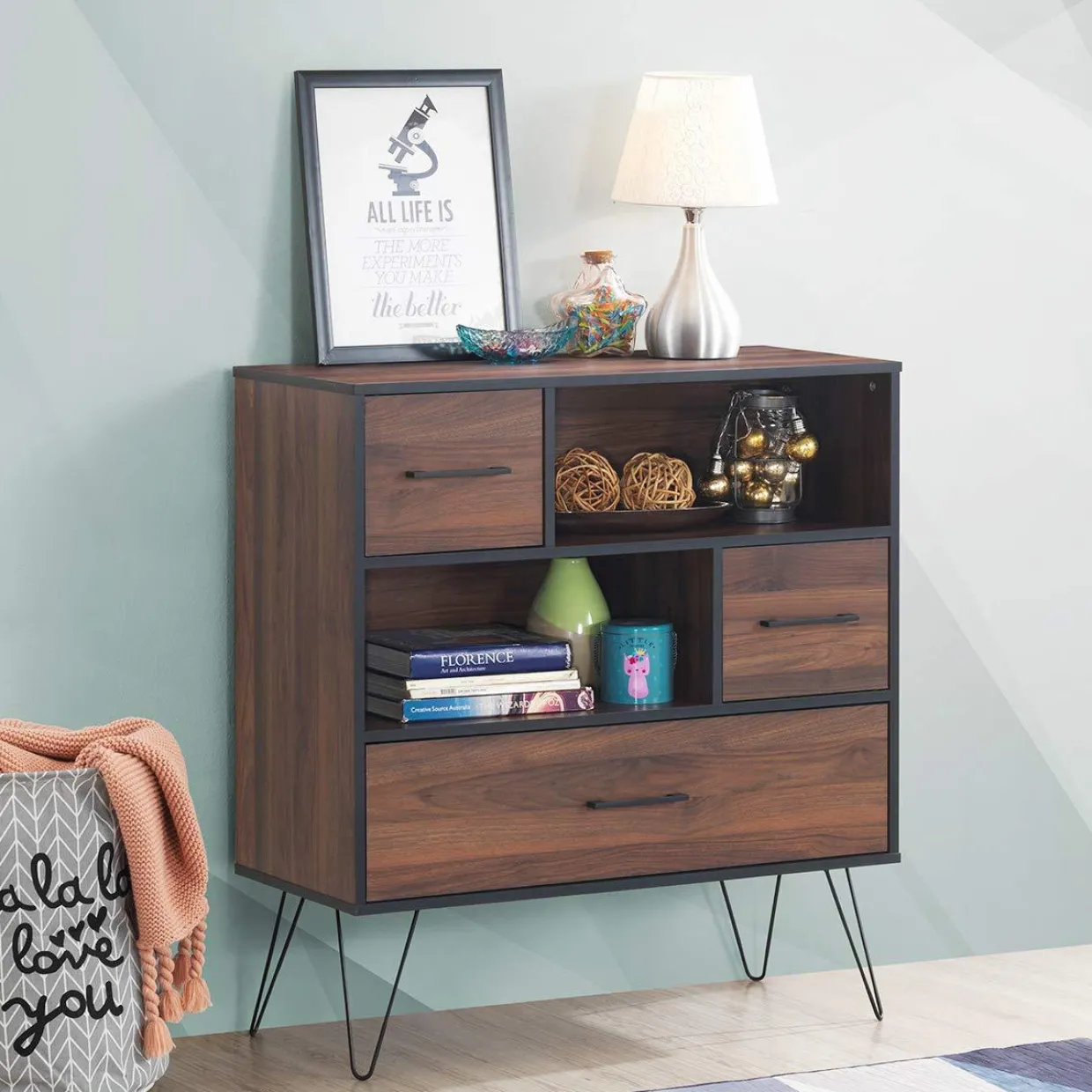 Tangkula 3-Tier Storage Cabinet, Wood File Cabinet with Drawers & 4 Metal Legs