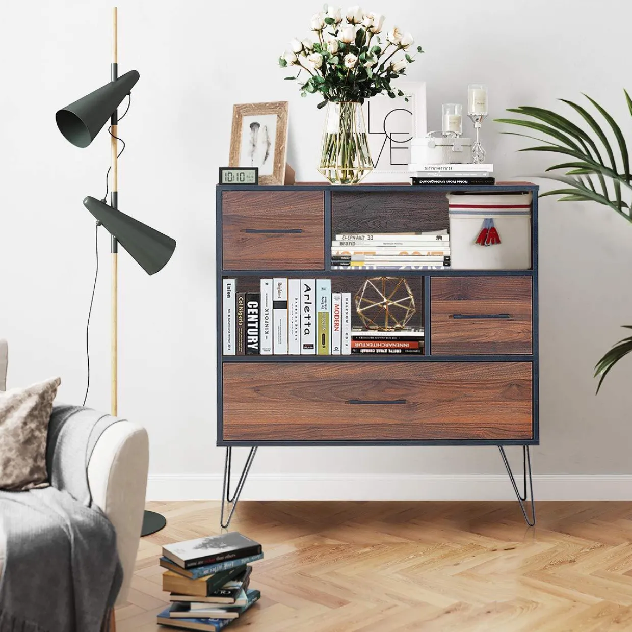 Tangkula 3-Tier Storage Cabinet, Wood File Cabinet with Drawers & 4 Metal Legs