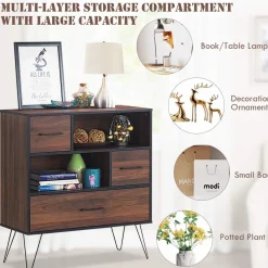 Tangkula 3-Tier Storage Cabinet, Wood File Cabinet with Drawers & 4 Metal Legs