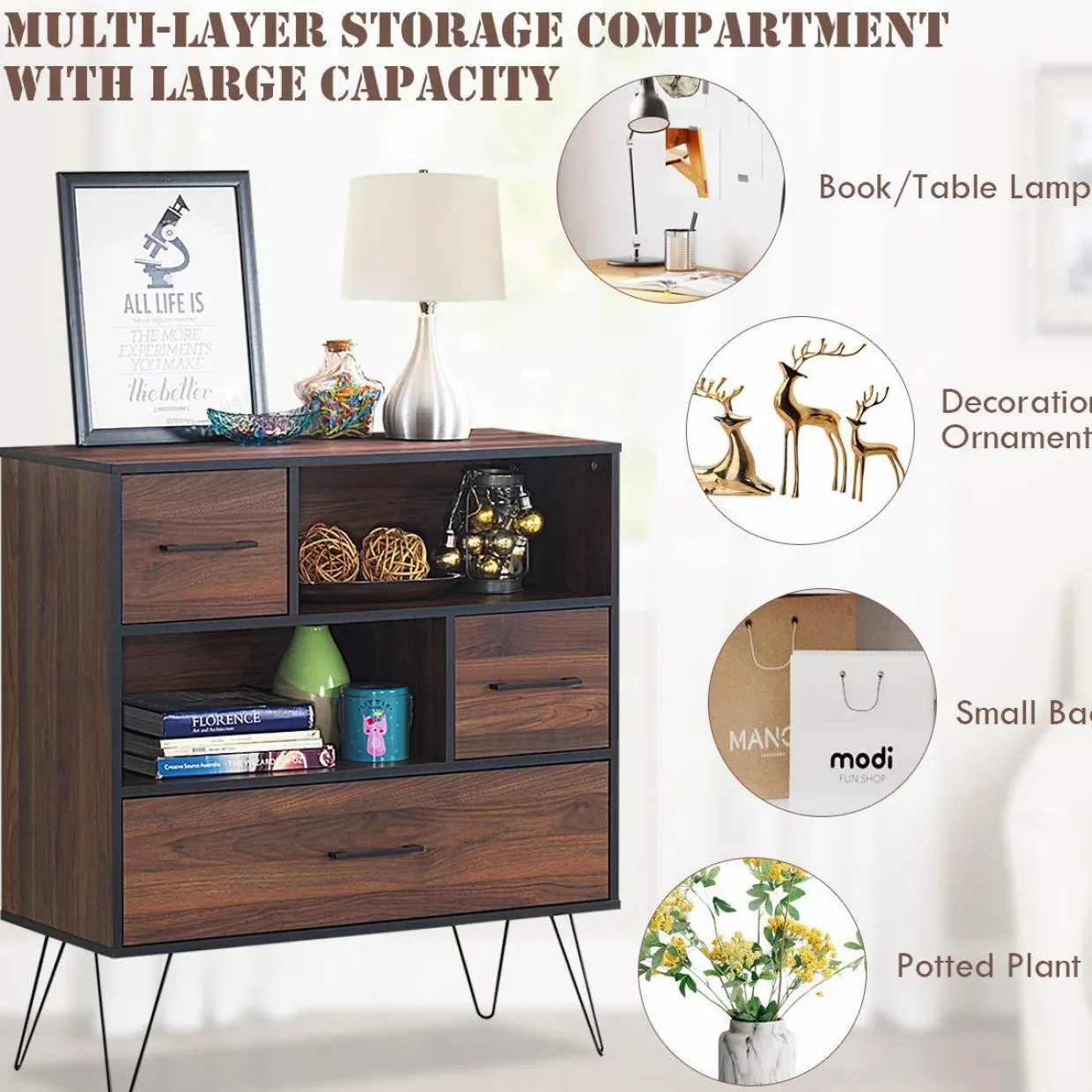 Tangkula 3-Tier Storage Cabinet, Wood File Cabinet with Drawers & 4 Metal Legs