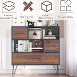 Tangkula 3-Tier Storage Cabinet, Wood File Cabinet with Drawers & 4 Metal Legs
