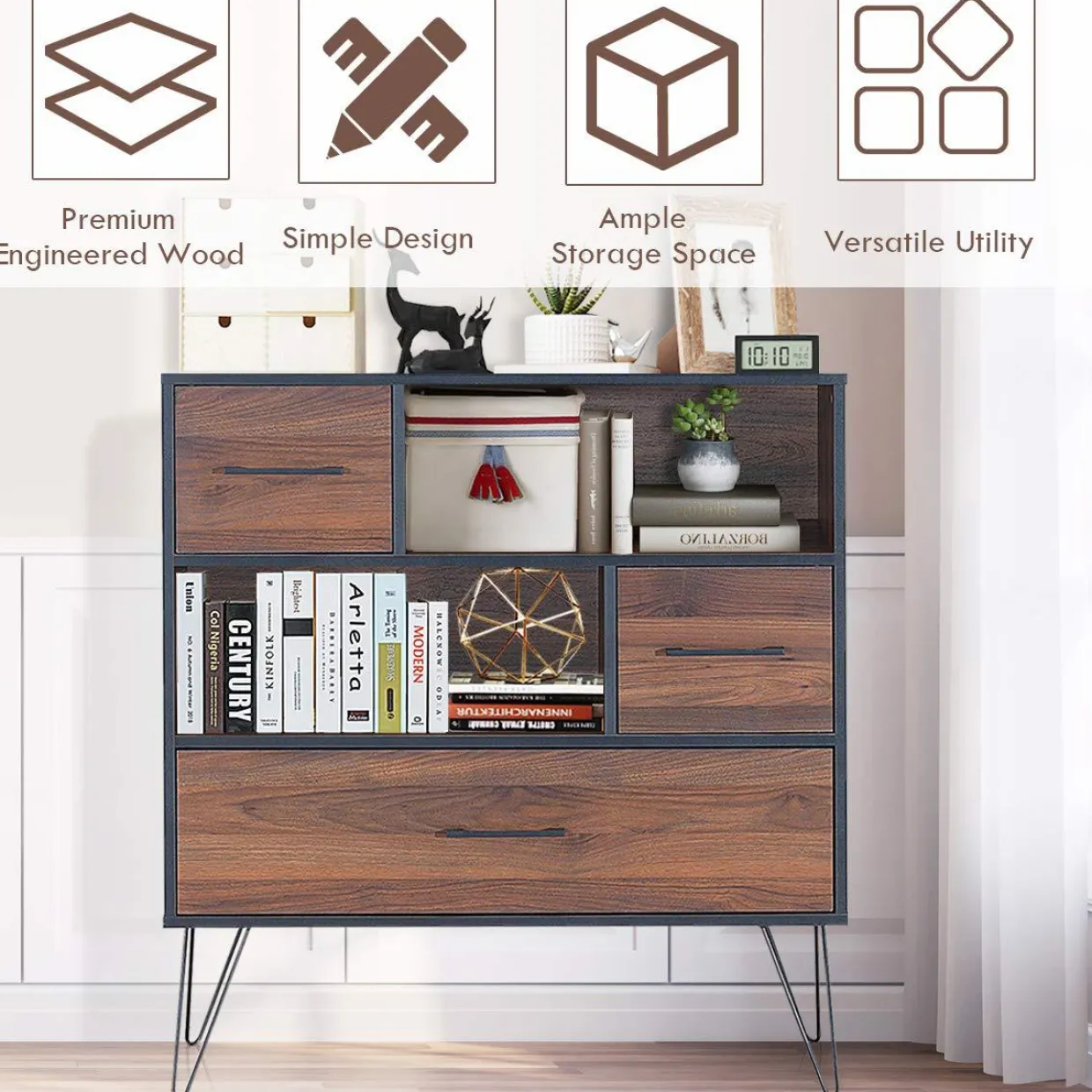 Tangkula 3-Tier Storage Cabinet, Wood File Cabinet with Drawers & 4 Metal Legs
