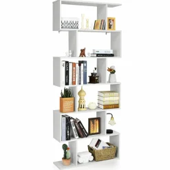 Tangkula 6-Tier Wooden Bookcase, S Shaped Bookshelf, 31.5''L x 9''W x 75''H, Display Shelf w/Anti-Tipping Device