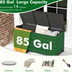 Tangkula Tightly-Woven Rattan Deck Box, Patiojoy Storage Cabinet Container with Polyester Liner, 85 Gallon Indoor Outdoor Storage Bo