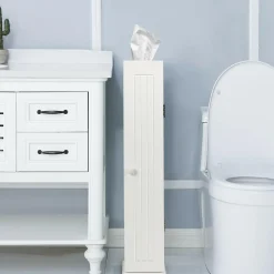 Tangkula Toilet Tissue Storage Tower, Free Standing Toilet Paper Holder with 4 Shelves, Bathroom Paper Storage Organizer with Door & Top Slot