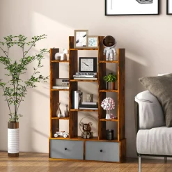 Tangkula Tree Shaped Bookcase with Drawer, Free Standing Bookshelf with 7 Open Storage Shelves