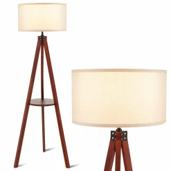 Tangkula Tripod Floor Lamp, Mid Century Wood Standing Lamp with Storage Shelves