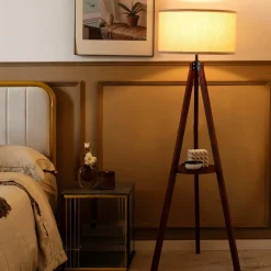 Tangkula Tripod Floor Lamp, Mid Century Wood Standing Lamp with Storage Shelves