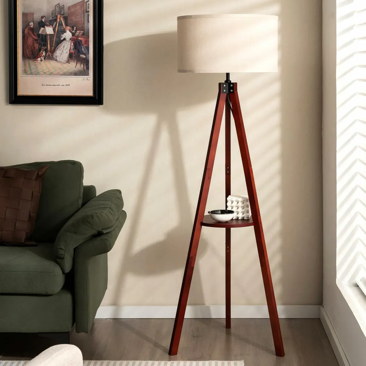 Tangkula Tripod Floor Lamp, Mid Century Wood Standing Lamp with Storage Shelves