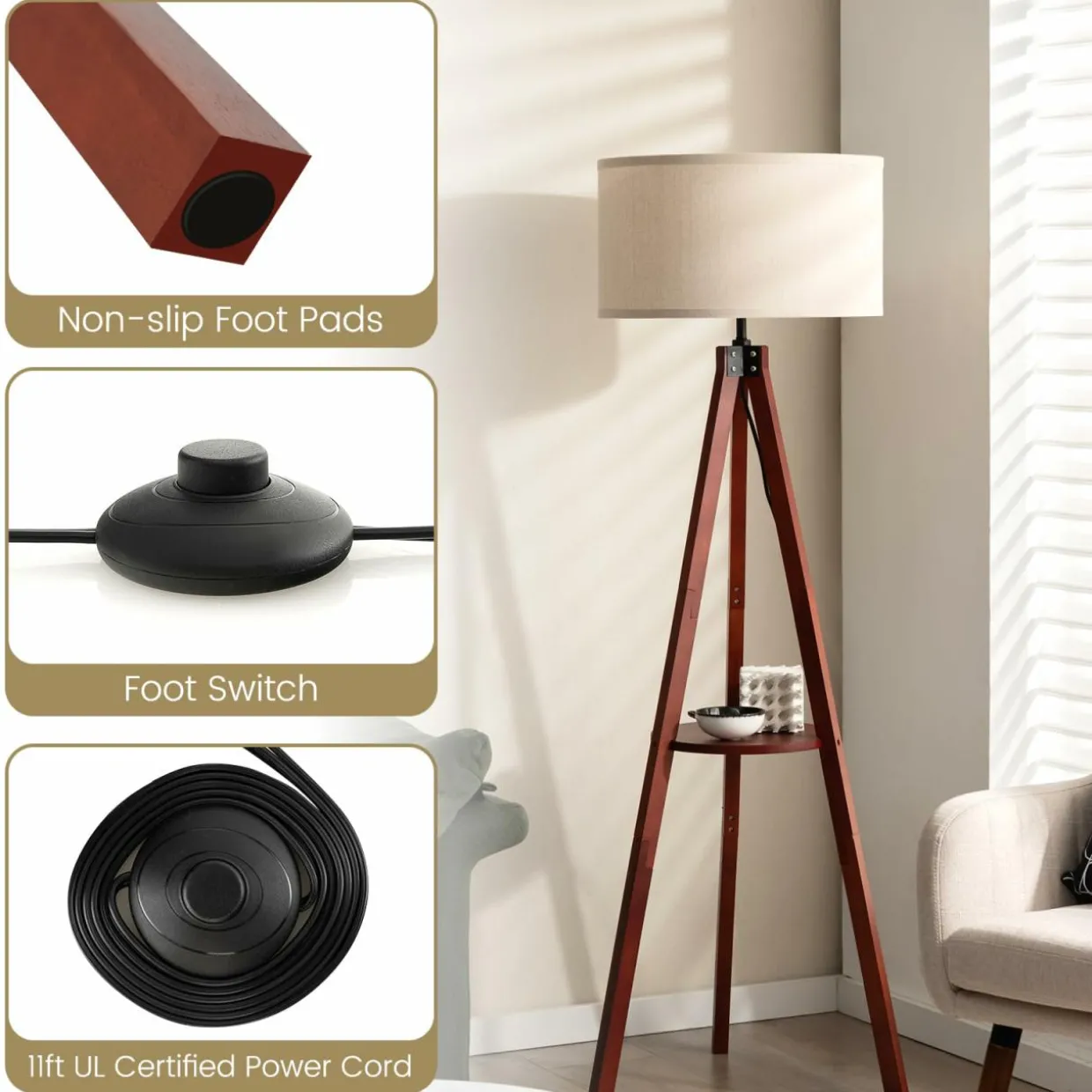 Tangkula Tripod Floor Lamp, Mid Century Wood Standing Lamp with Storage Shelves