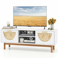 Tangkula TV Stand for 55 Inch TVs, Mid Century Modern Entertainment Center with 2 Drawers & Bamboo Woven Fronts